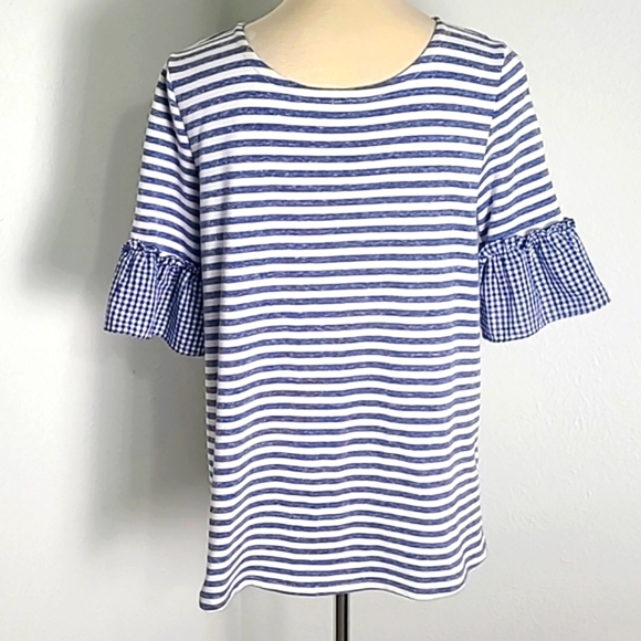 Doe & Rae Blue & White Stripe & Gingham Check Lace-up Top Size Medium - Picture 9 of 9